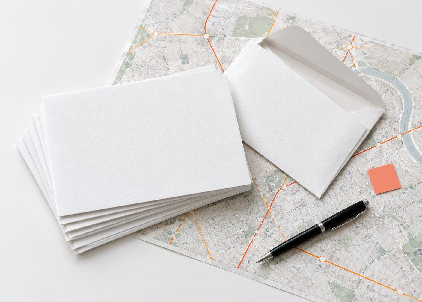 Letters and envelopes arranged over a street map